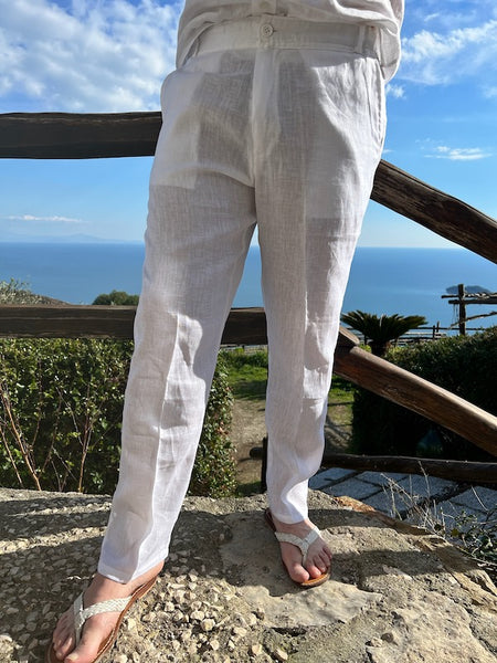 White Linen Slim Long Ankle Pants