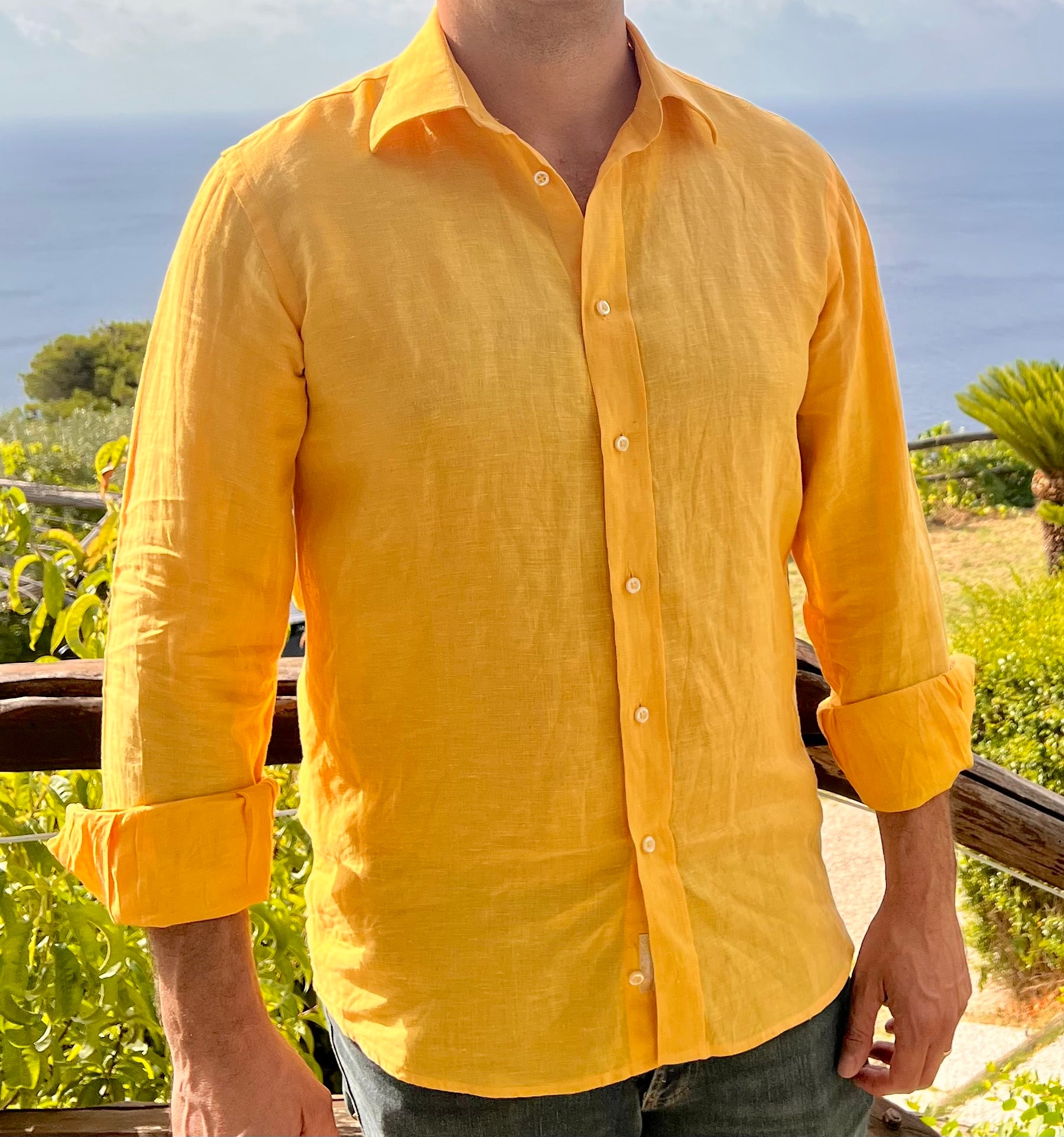 Linen Spread Collar Long Sleeve to Roll-up Men Shirt, the Linen italian Shop by luiselle S / Yellow