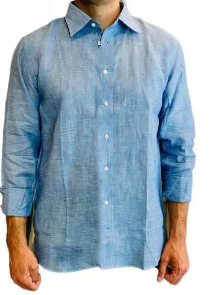 Linen Long Sleeve Men Shirt, The Linen Italian Shop by Luiselle XXL / Light Blue